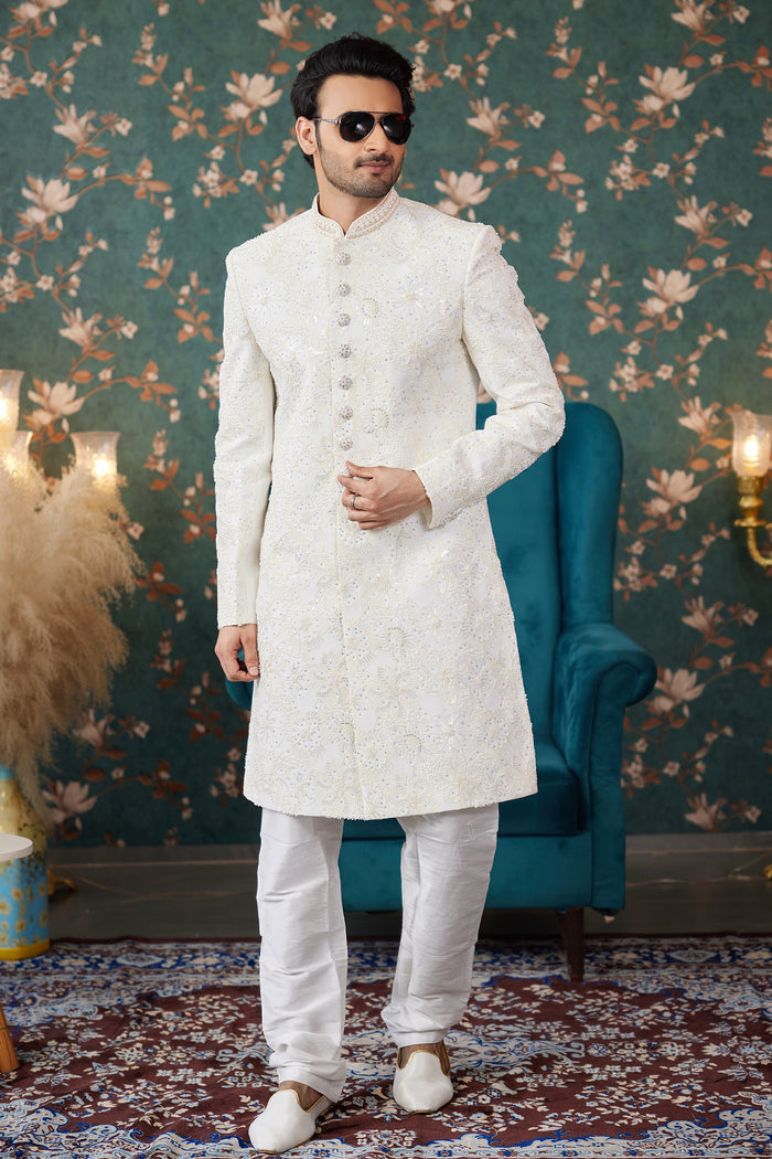Cream Art Silk Two Piece Sherwani Set
