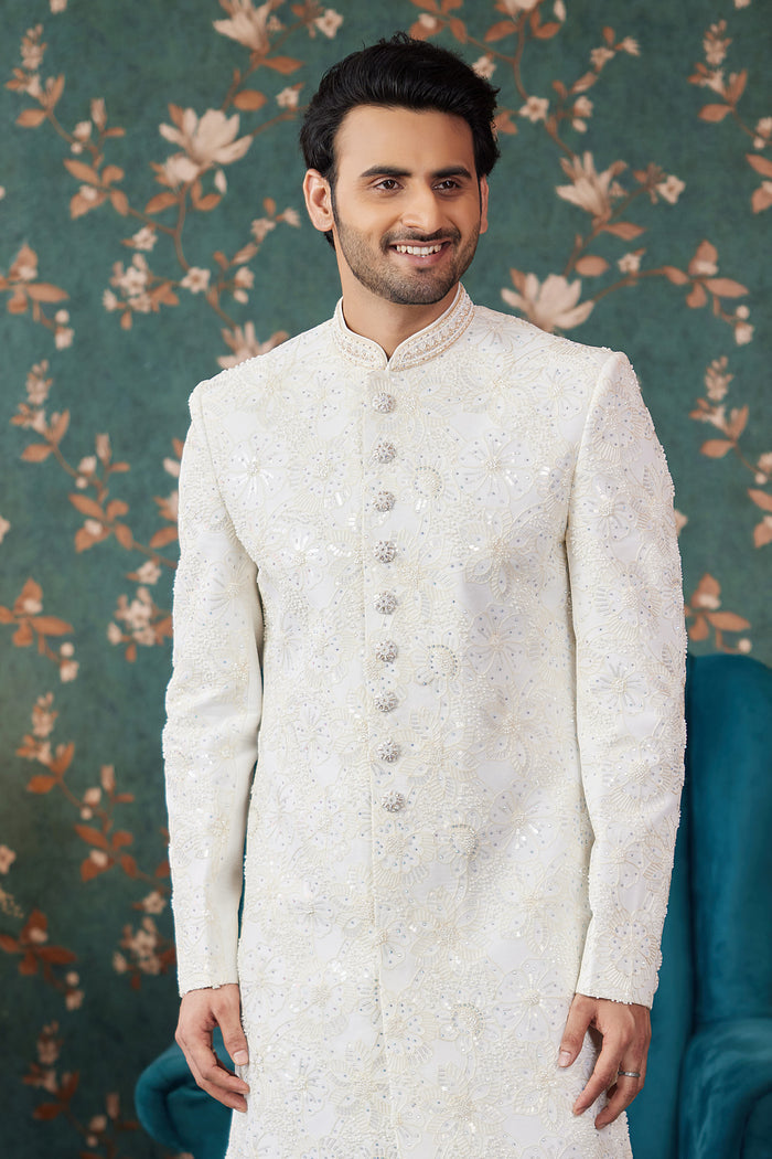 Cream Art Silk Two Piece Sherwani Set