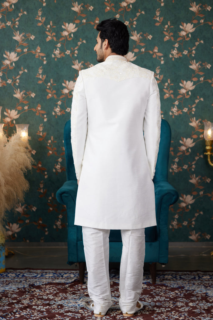 Cream Art Silk Two Piece Sherwani Set