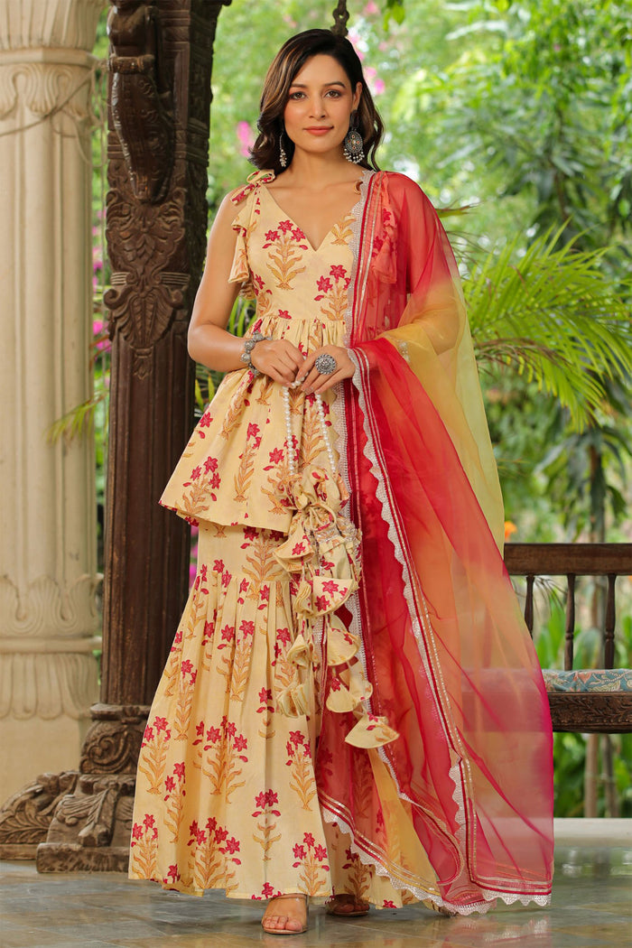 <img> Cream Cotton Floral Printed Gharara Set