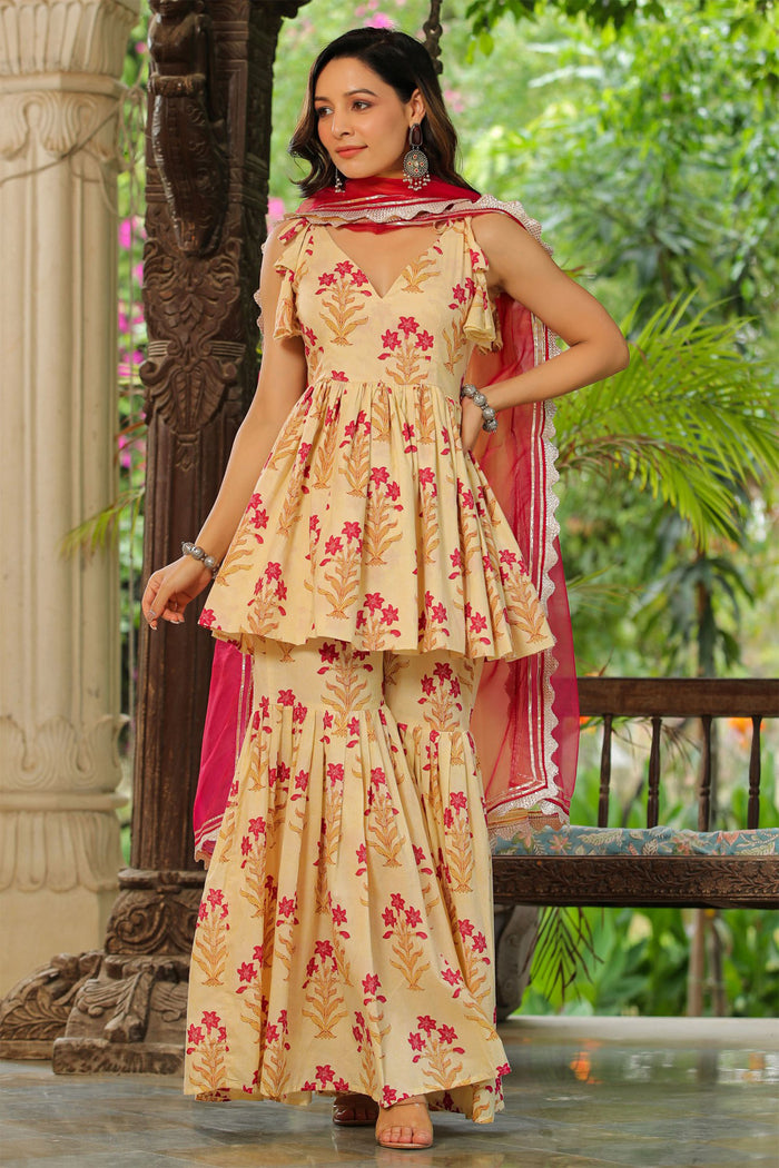 <img> Cream Cotton Floral Printed Gharara Set