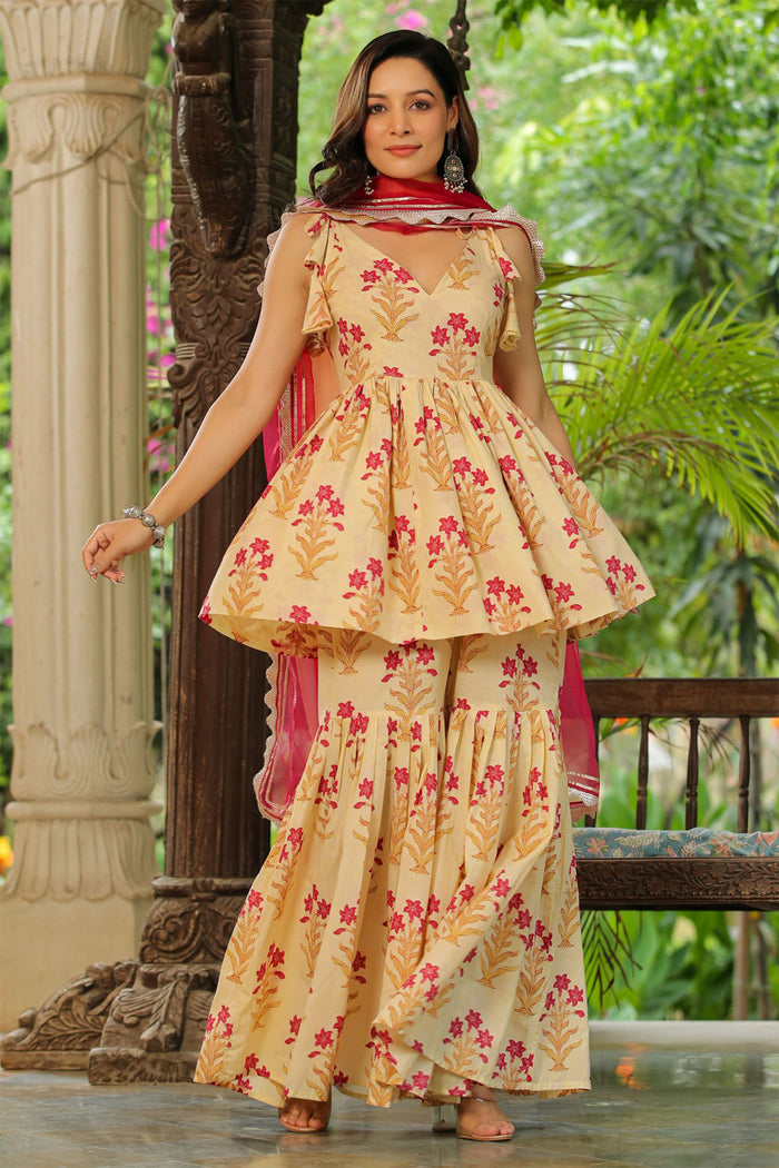 <img> Cream Cotton Floral Printed Gharara Set