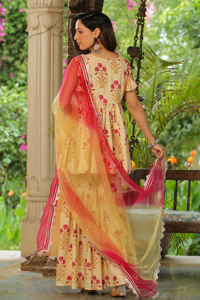 <img> Cream Cotton Floral Printed Gharara Set