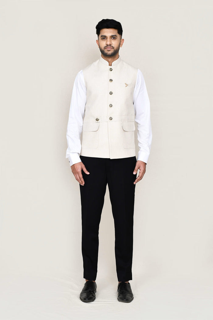 Cream Cotton Satin Nehru Jacket