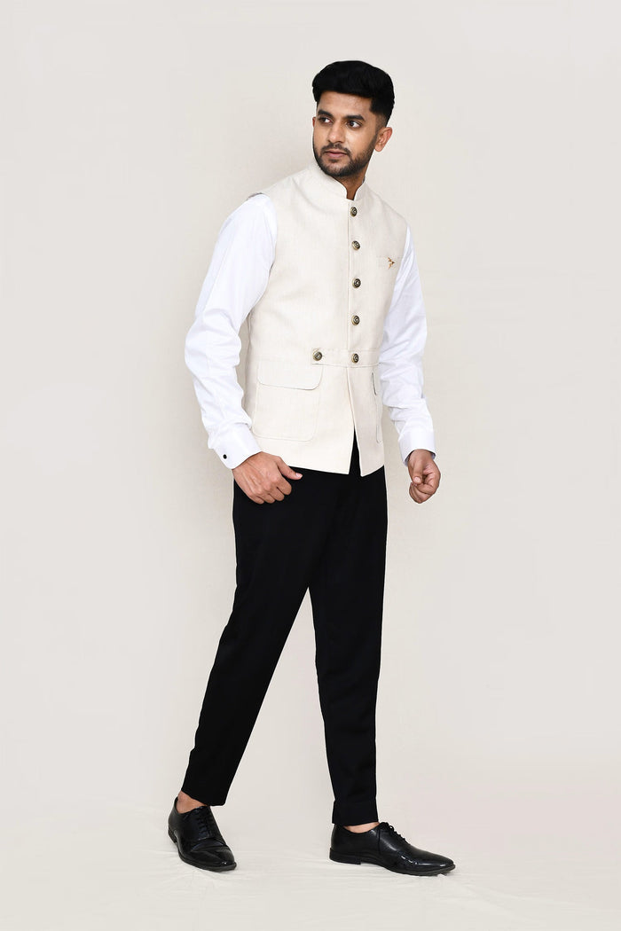 Cream Cotton Satin Nehru Jacket