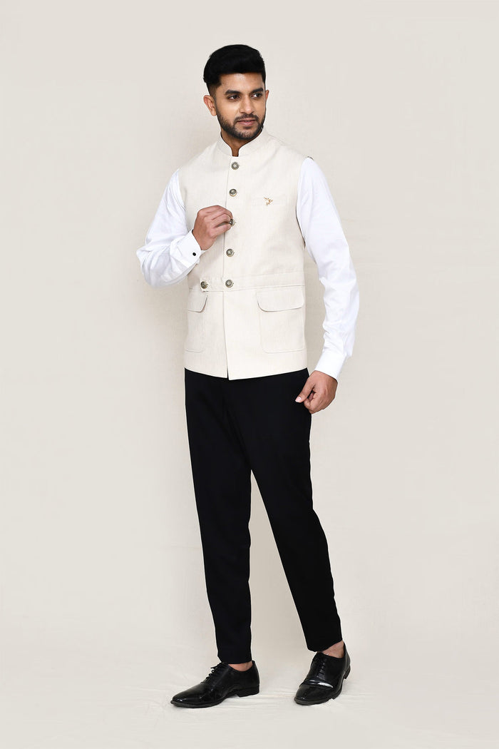 Cream Cotton Satin Nehru Jacket