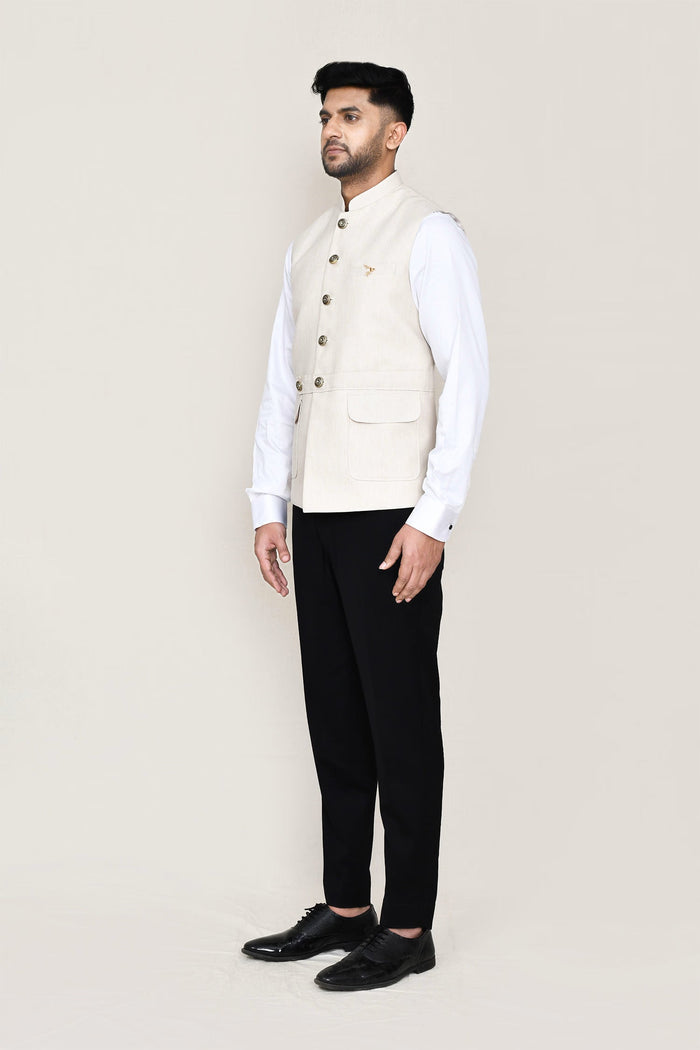 Cream Cotton Satin Nehru Jacket
