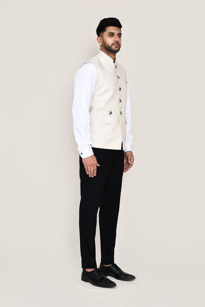 Cream Cotton Satin Nehru Jacket
