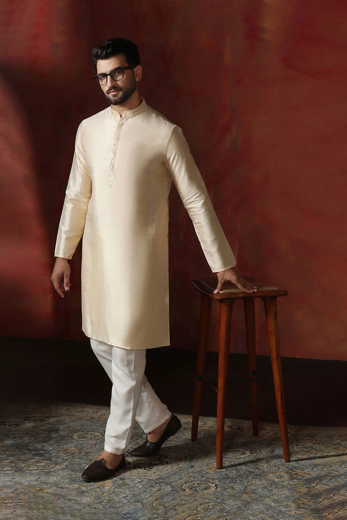 Cream Dupion Solid Kurta Set