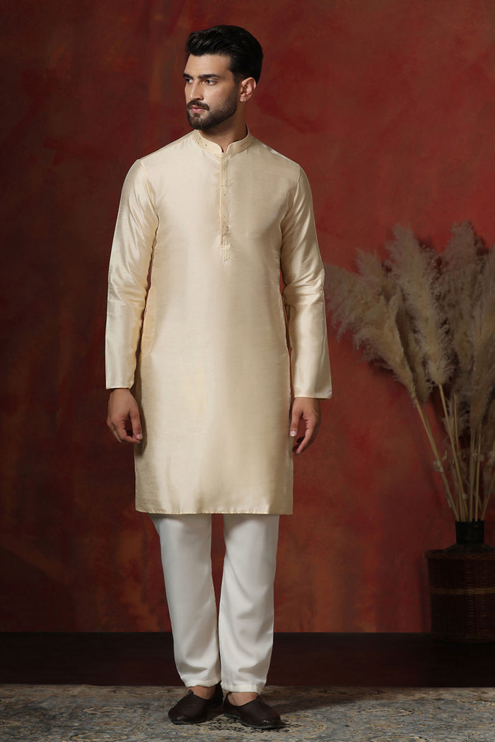 Cream Dupion Solid Kurta Set