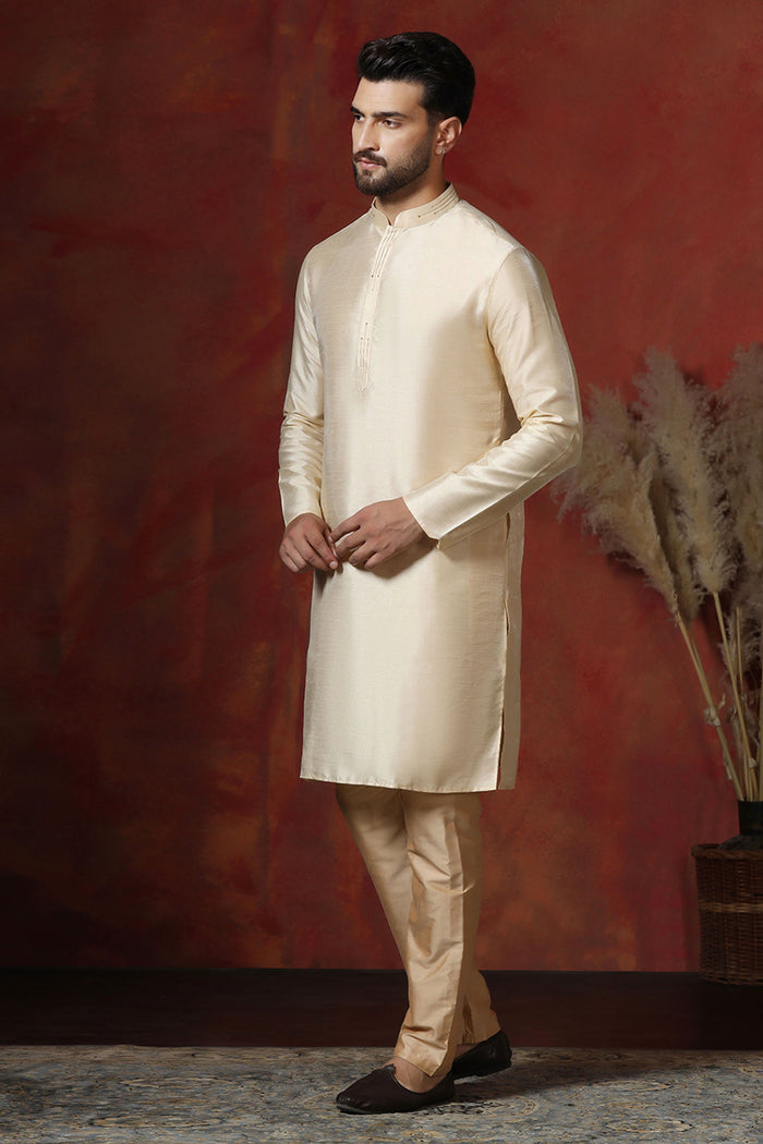Cream Dupion Solid Kurta Set