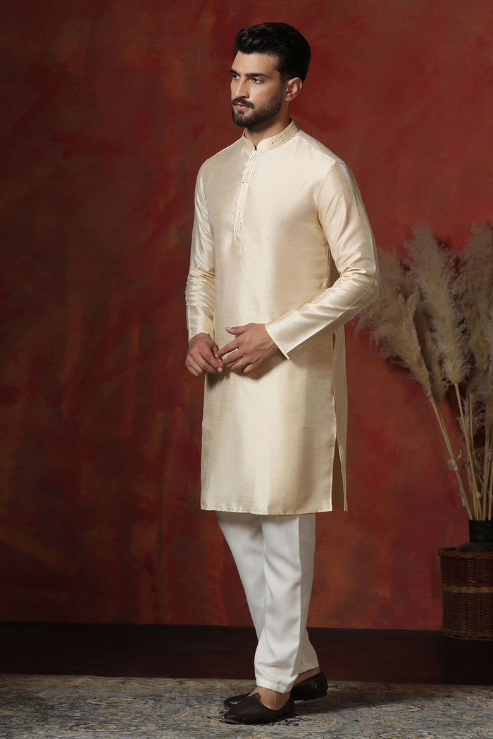 Cream Dupion Solid Kurta Set