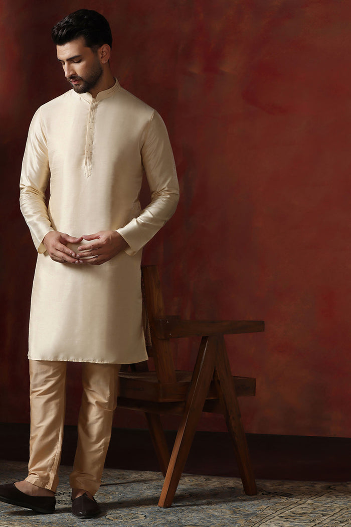 Cream Dupion Solid Kurta Set