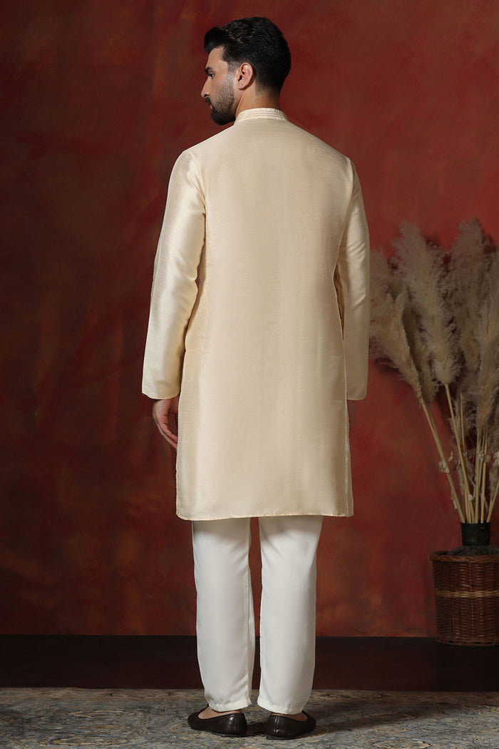 Cream Dupion Solid Kurta Set