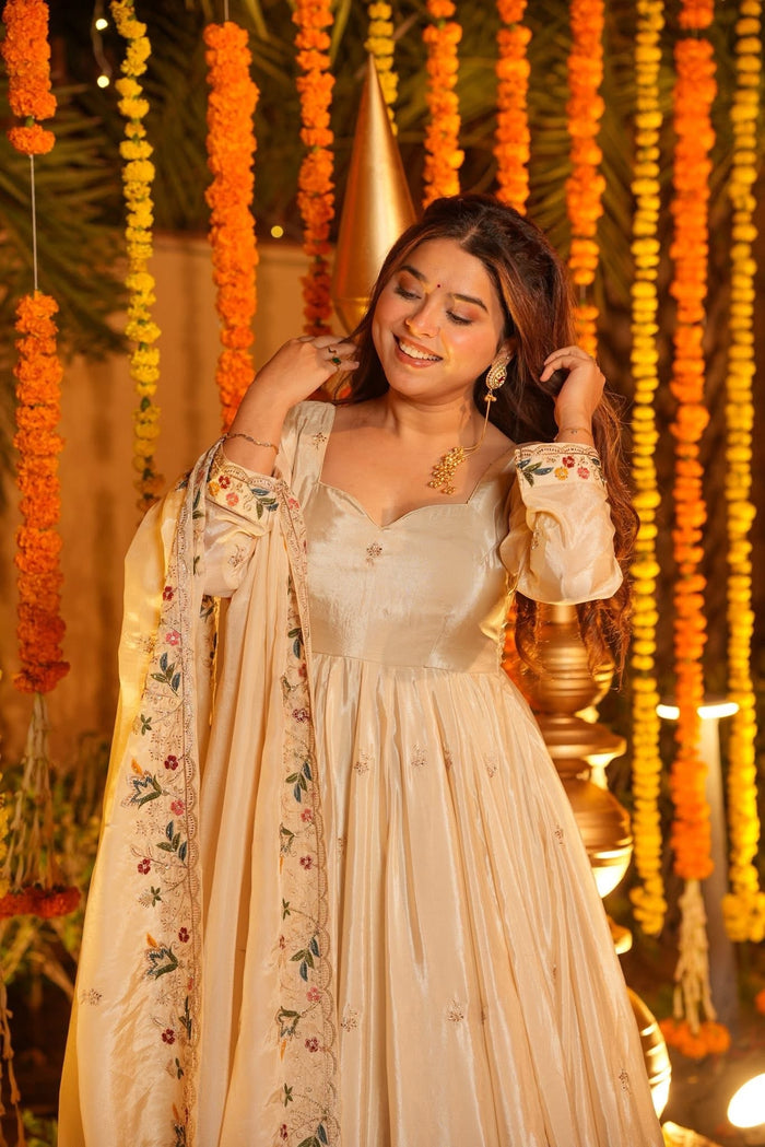 Cream Floral Embroidered Silk Anarkali Set