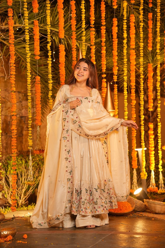 Cream Floral Embroidered Silk Anarkali Set