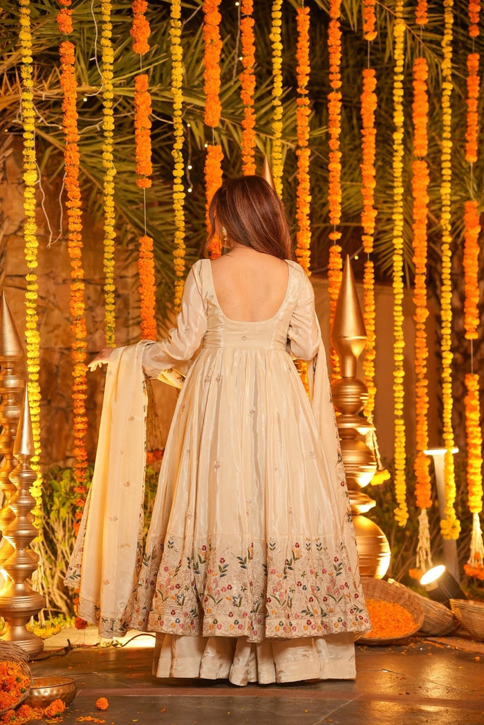 Cream Floral Embroidered Silk Anarkali Set