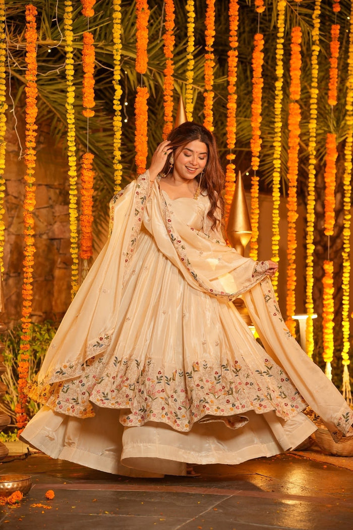 Cream Floral Embroidered Silk Anarkali Set