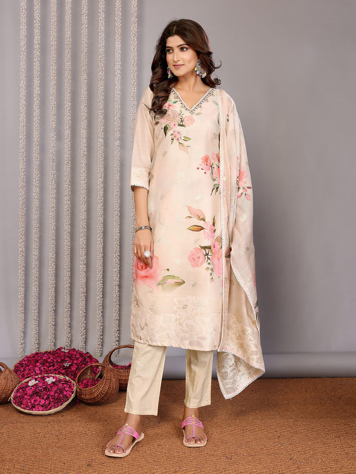 Cream Floral Printed Chanderi Kurta Set