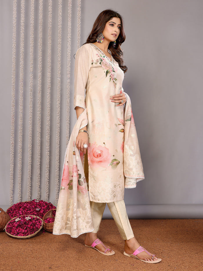 Cream Floral Printed Chanderi Kurta Set