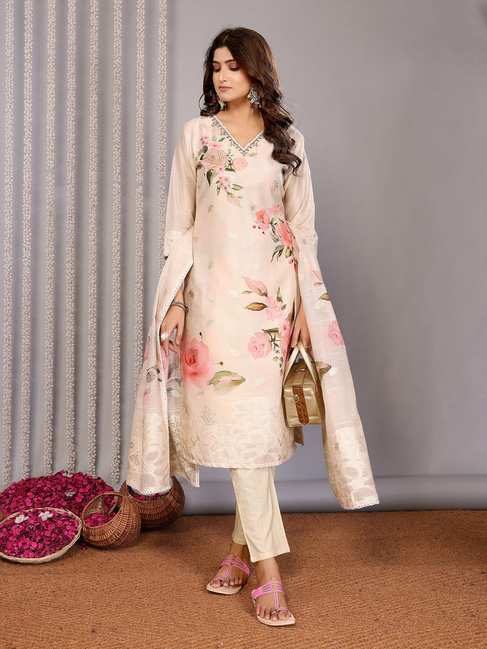 Cream Floral Printed Chanderi Kurta Set