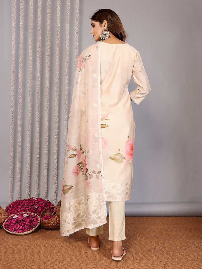 Cream Floral Printed Chanderi Kurta Set