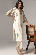 Cream French Crepe Kurti With Pants