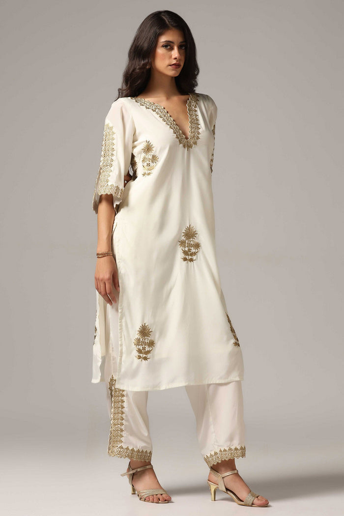 Cream French Crepe Kurti With Pants
