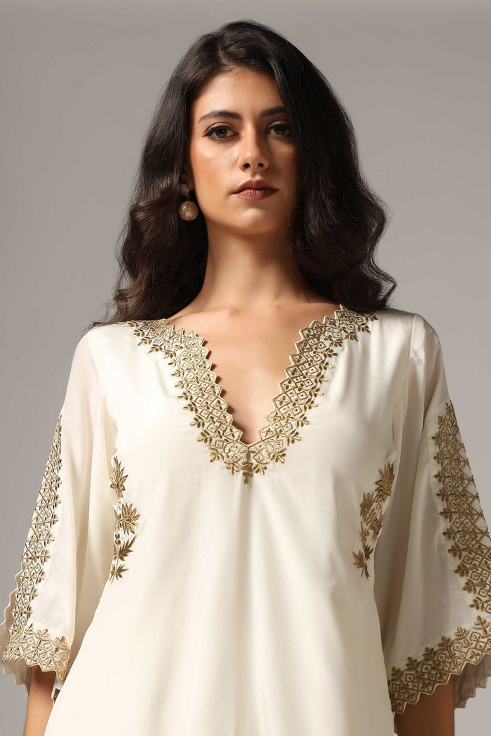 Cream French Crepe Kurti With Pants