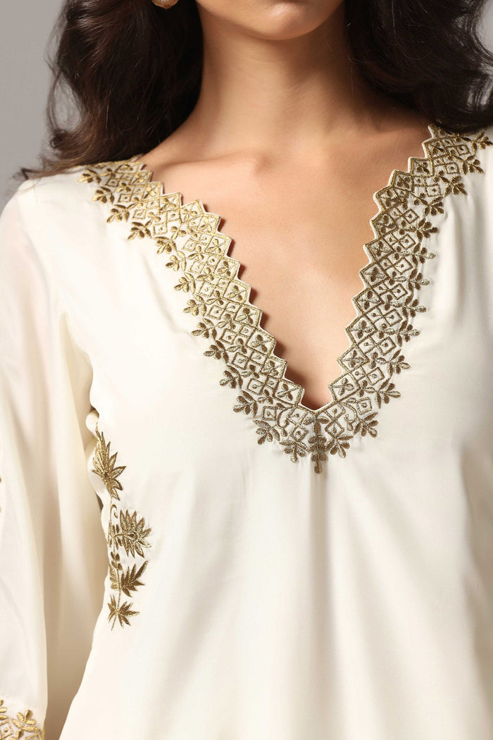 Cream French Crepe Kurti With Pants