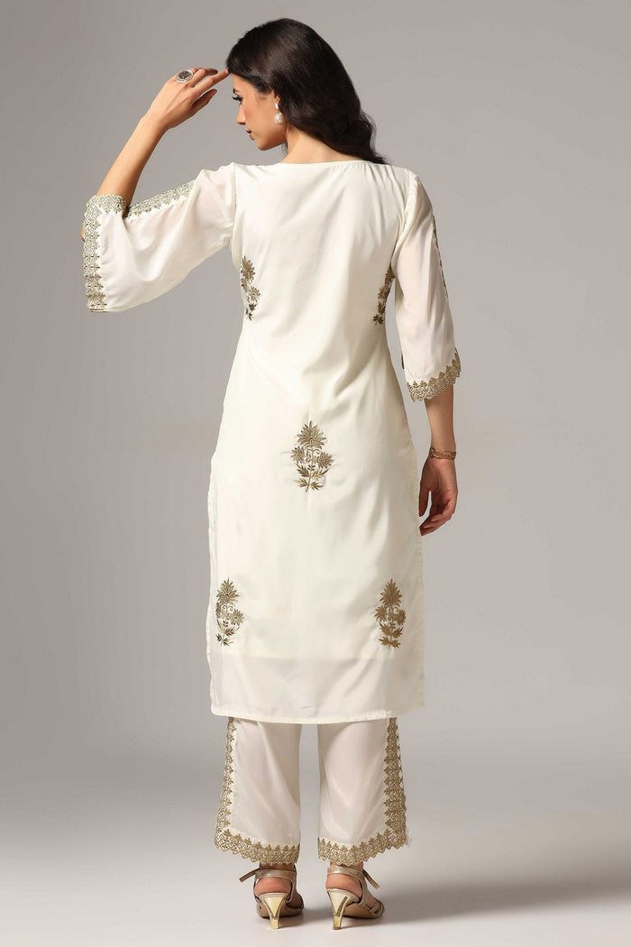 Cream French Crepe Kurti With Pants