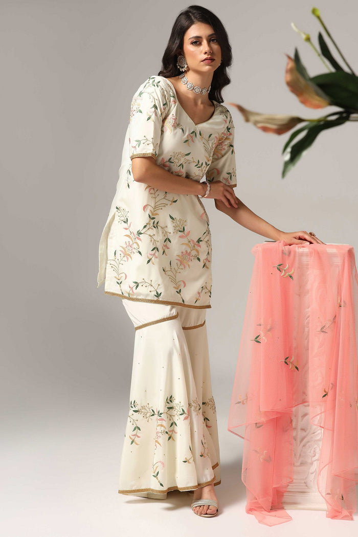 Cream French Crepe Kurti With Sharara And Dupatta