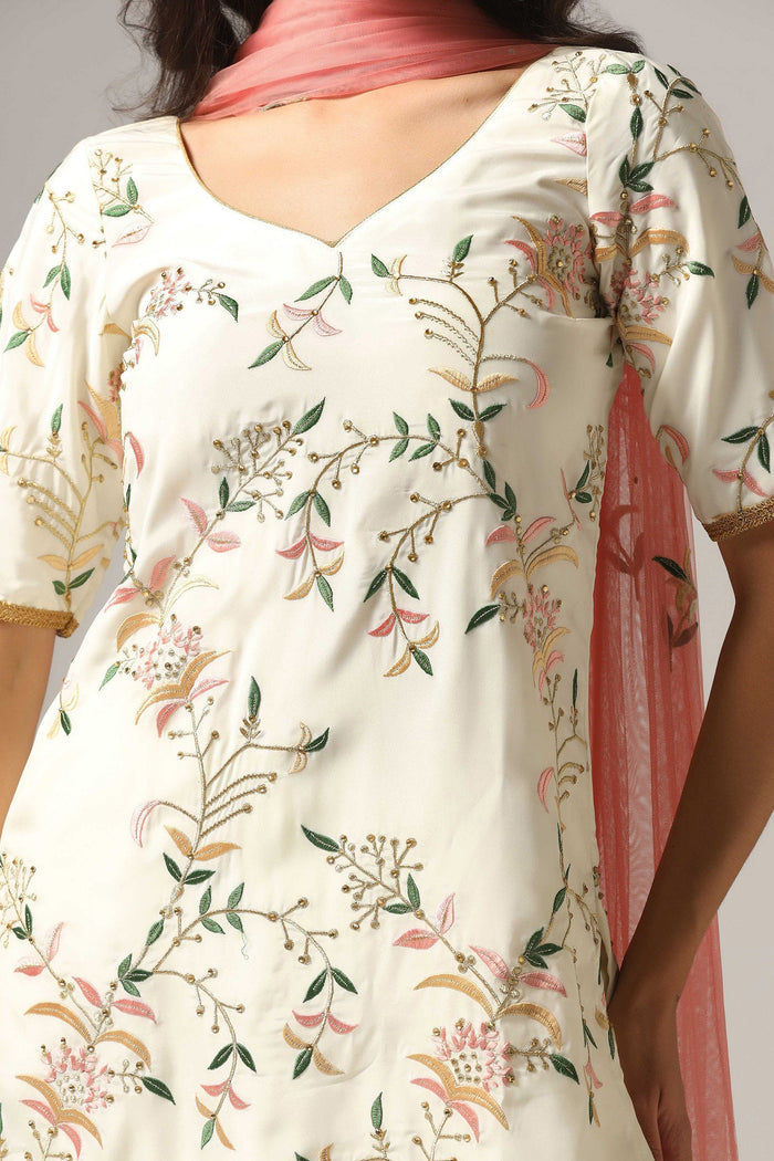 Cream French Crepe Kurti With Sharara And Dupatta