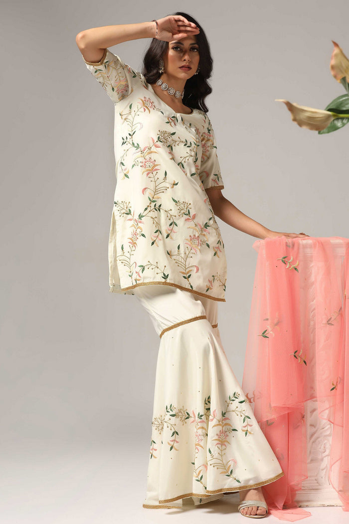 Cream French Crepe Kurti With Sharara And Dupatta