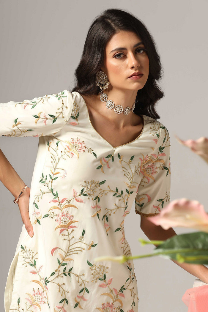 Cream French Crepe Kurti With Sharara And Dupatta
