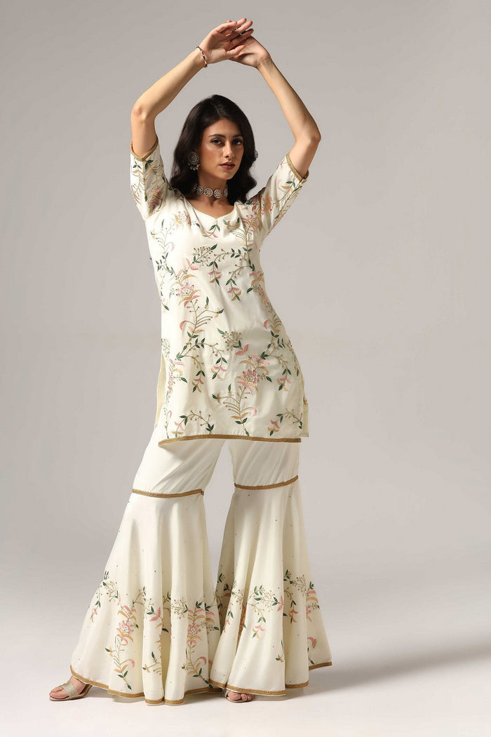 Cream French Crepe Kurti With Sharara And Dupatta