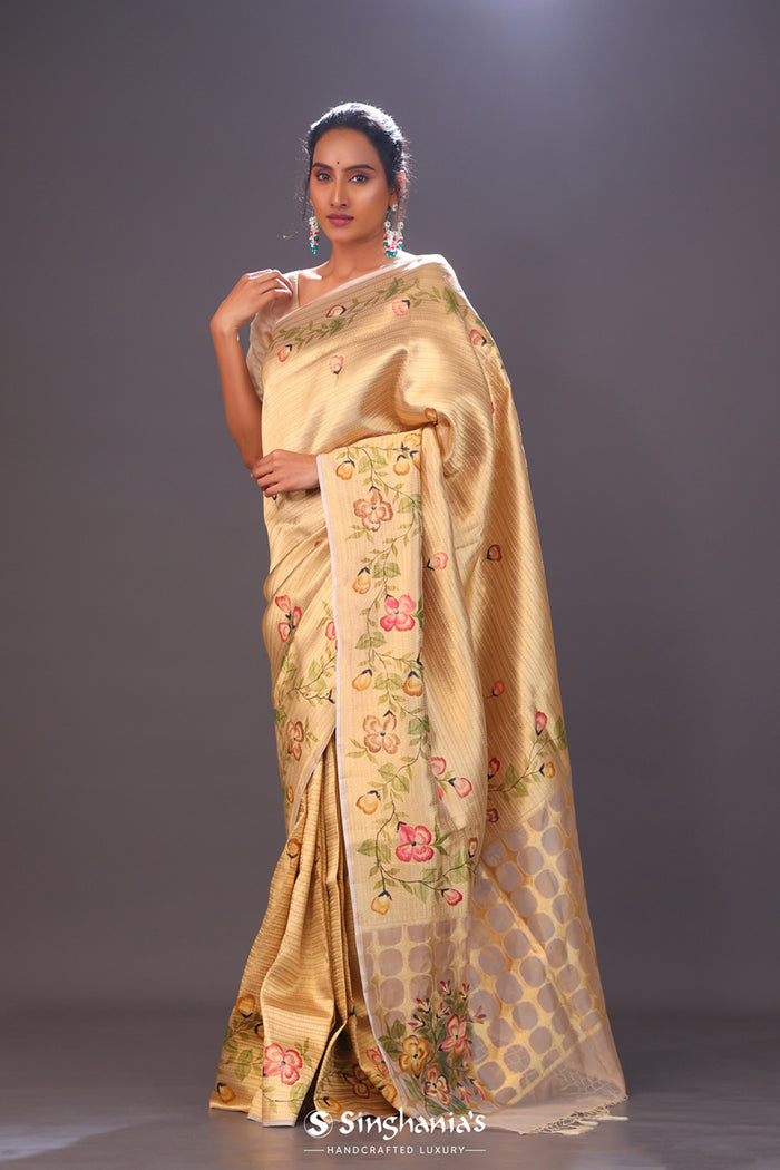 <img> Cream Gold Handcrafted Tissue Banarasi Saree