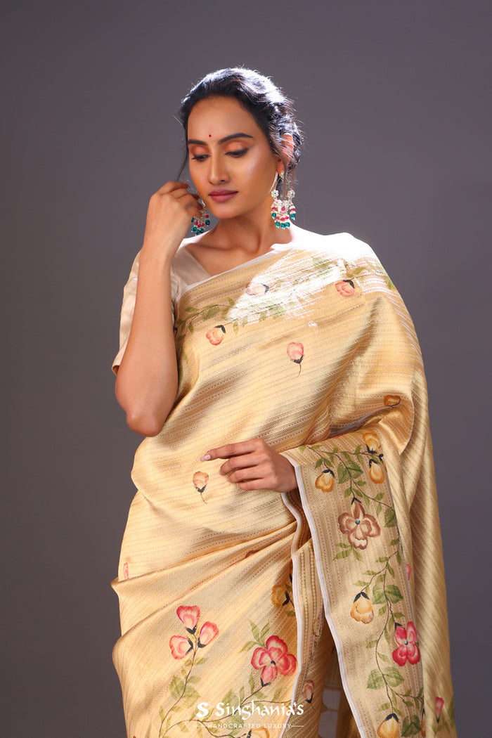 <img> Cream Gold Handcrafted Tissue Banarasi Saree