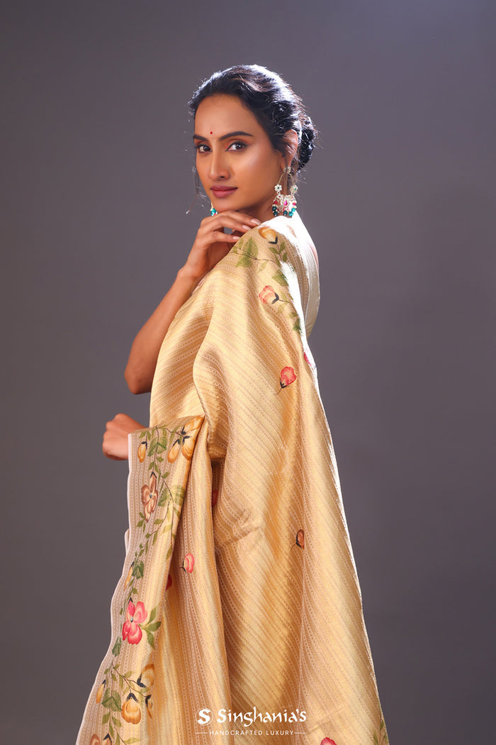 <img> Cream Gold Handcrafted Tissue Banarasi Saree