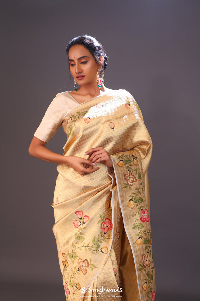 <img> Cream Gold Handcrafted Tissue Banarasi Saree