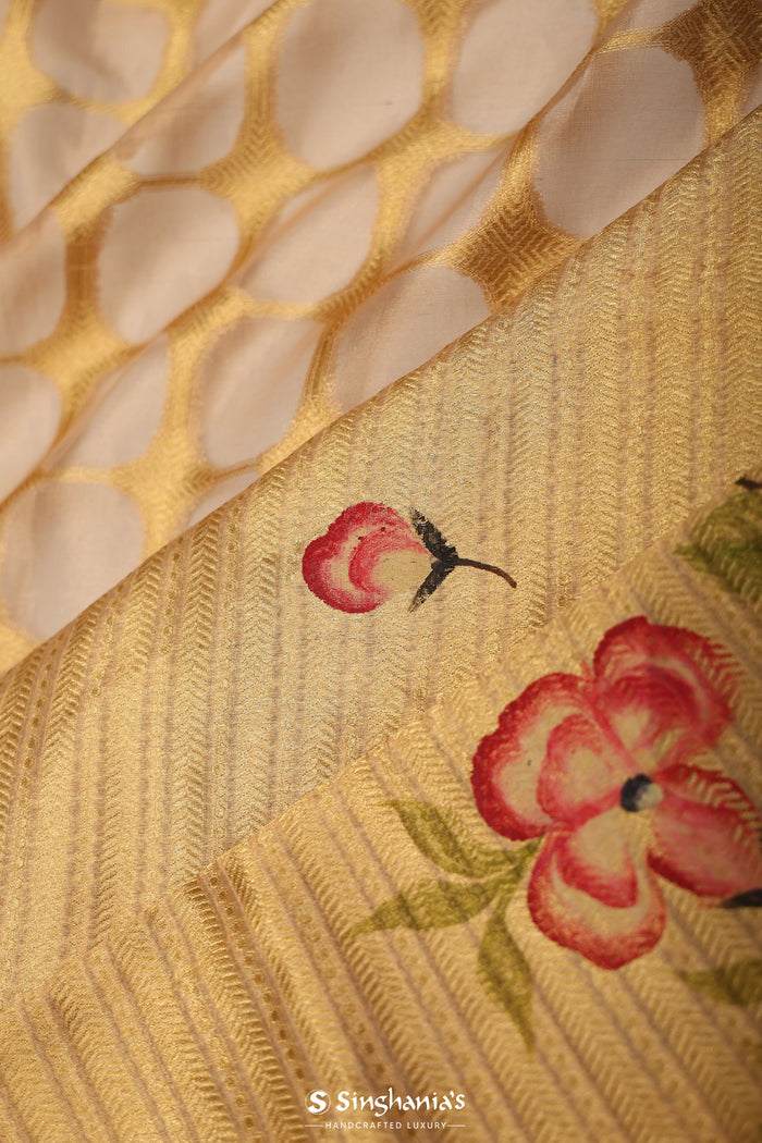 <img> Cream Gold Handcrafted Tissue Banarasi Saree