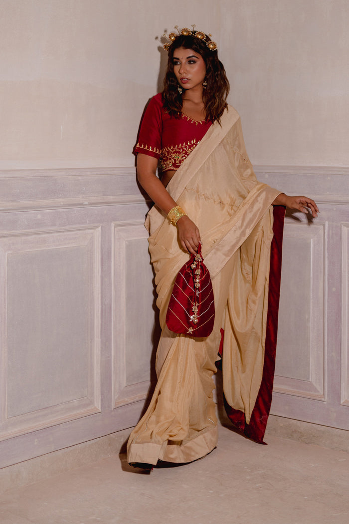 Cream Gota Patti Chinon Saree