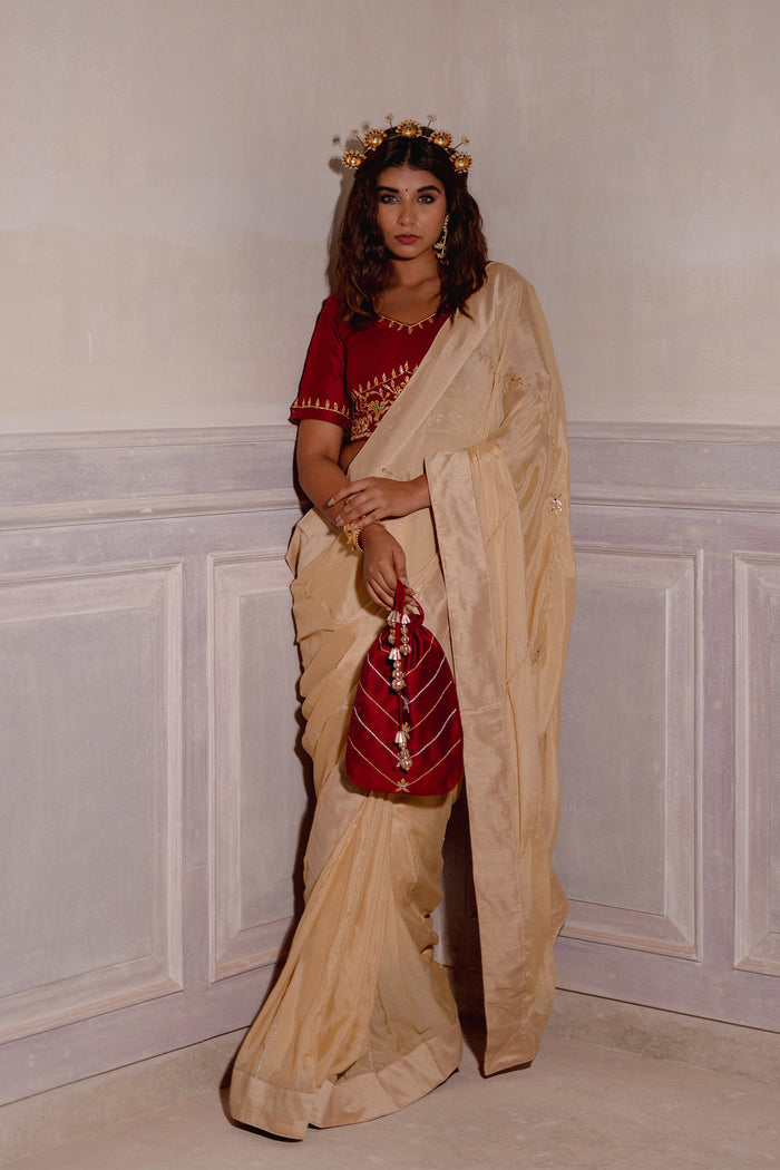 Cream Gota Patti Chinon Saree