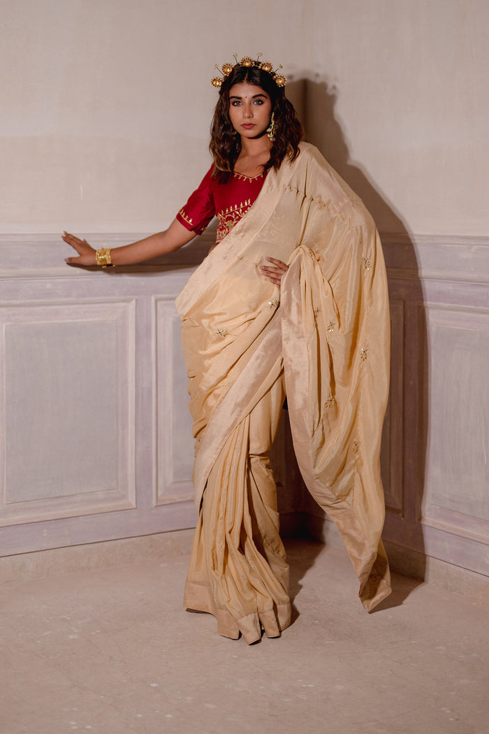 Cream Gota Patti Chinon Saree