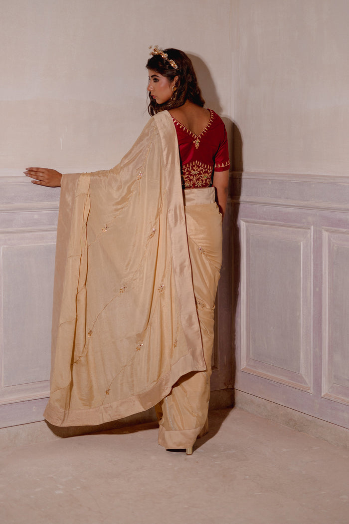 Cream Gota Patti Chinon Saree