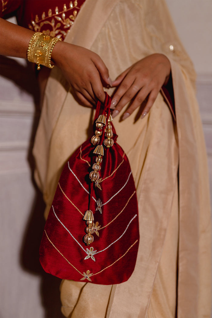 Cream Gota Patti Chinon Saree