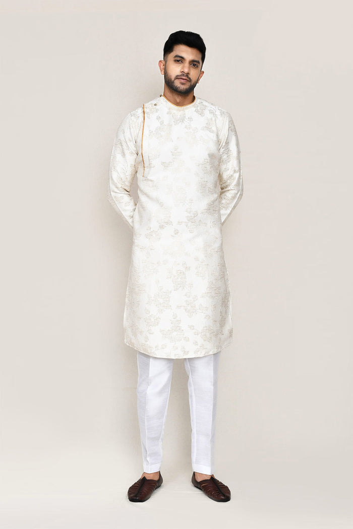 Cream Jacquard Silk Kurta Set