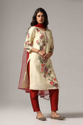 Cream Raw Silk Kurti With Contrast Pants And Netted Dupatta Set