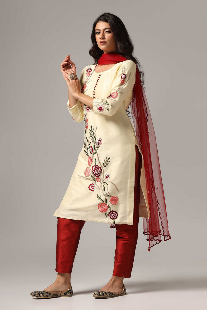 Cream Raw Silk Kurti With Contrast Pants And Netted Dupatta Set