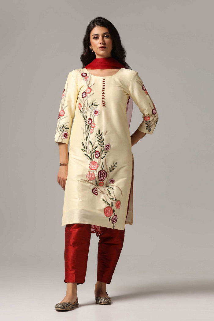 Cream Raw Silk Kurti With Contrast Pants And Netted Dupatta Set